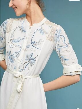 Anthropologie Tiny Embroidered Floral Ivory Midi Dress with Blue Accents